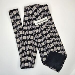 Pierre Cardin Vintage 90s Black and Gray Square Geometric Silk Tie